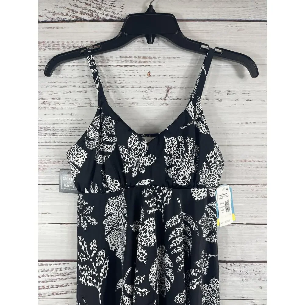 Swim Solutions V Neck Tankini Top Women's Size 10 Black White Underwire D Cup